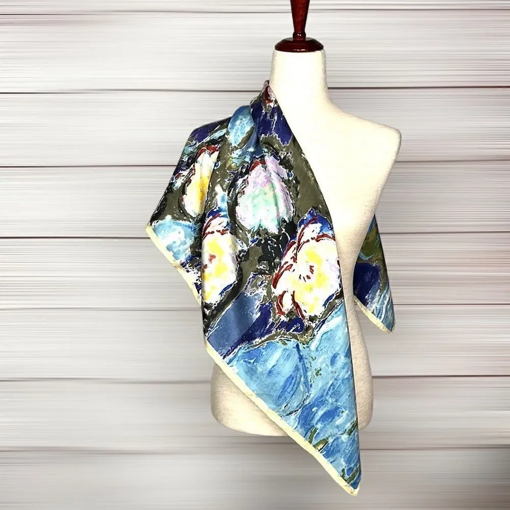 Water Lilies by MONET Scarf Vintage Silk Satin Square  Hand Rolled Blue Yellow